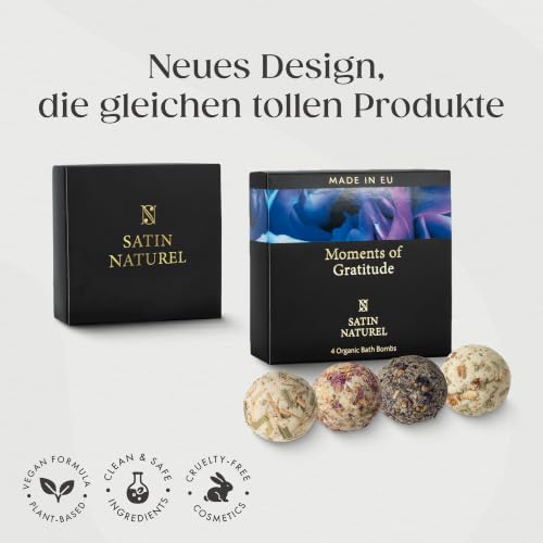 Satin Naturel 4 Luxuriöse BIO Set Badebomben Vegan – Wellness Geschenke für Frauen – Premium Badekugeln – Geburtstagsgeschenk für sie – Luxus-Geschenkbox Naturkosmetik
