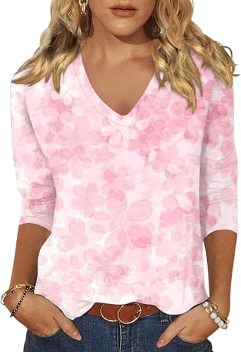 Womens 3/4 Sleeve V Neck T-Shirts Floral Printed Cute Tunic Tops Casual Basic Top Pullover