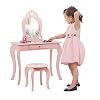 COSTWAY Kinderen kaptafel en stoel set, prinses make-up kaptafel met lade en spiegel, 2-in-1 make-up tafel set met…