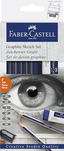 Faber-Castell pencils, 2B, 2H, HB, 4B, 6B, B graphite art pencils set with eraser, Kneaded eraser, pencil Sharpener for sketch, drawing and sketching