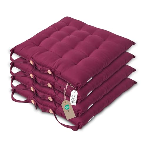 Homescapes 4er Set Stuhlkissen 40x40 cm weinrot – Sitzkissen Outdoor/Indoor mit Baumwollbezug, Sitzpolster waschbar und Oeko-TEX-Zertifiziert für Esszimmer-, Küchen- & Gartenstühle