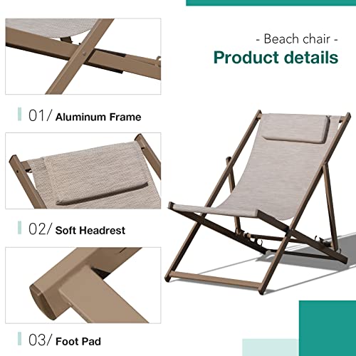 Patiorama Outdoor Folding Beach Sling Chairs Set Of 2, Aluminum Patio Lounge Chair, Portable Beach Chairs, Adjustable Reclining Chairs W/Cushioned Headrest For Pool, Tan Brown Frame & Linen Brown Mesh #TOP5