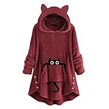 Hoodie Damen Fleece Pullover Langarm Sweatshirt Katzenpulli niedlich mit Knopfdruck Kapuzenpulli Top Kapuzenentaschen Frauen lange Ärmel Fleecejacke Damen Lang Mit Kapuze