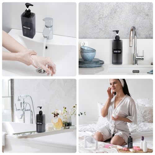 Image of Segbeauty 16.9oz Shampoo Bottles Refillable Pump Bottle, 3pcs Shower Bottle Soap Dispenser with Labels, 500ml Gray Empty Plastic Square Shampoo Conditioner Dispenser, Body Wash Containers for Bathroom
