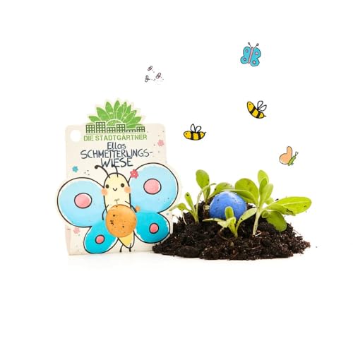 Die Stadtgärtner Blumenmurmel | Ellas Schmetterlingswiese: Handgerollte Samenbombe mit Wildblumen-Saatgut | Geschenk für Kinder | Mitgebsel Kindergeburtstag | 100% ökologisch & min. 2 J. haltbar