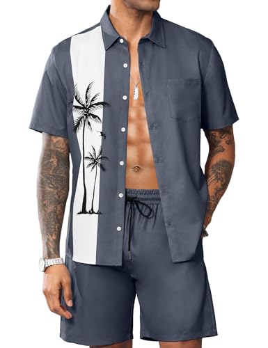 LecGee Men's Hawaiian Shirts Sets Button Down Coconut Tree Hawaiian Shirt Shorts 2 Piece Hawaiian Outfits