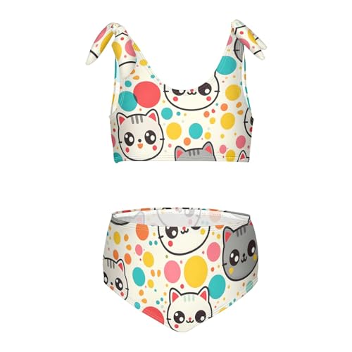 Girls' Bikini Set, Colorful Dots Cartoon Cat Face Kids Swimsuit 2 Pcs Beach Bathing Suit