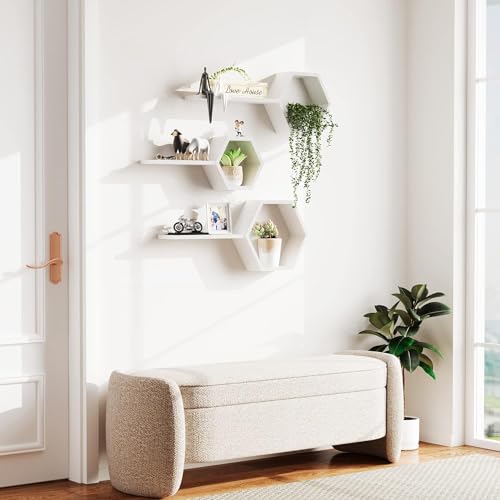Image of Wooden Floating Wall Shelves Wall Mounted - Set of 6 Hexagon Shelves Display for Photos, Plants, Honeycomb Shelves for Living Room, Bedroom, Bathroom, Kitchen, Office (White)