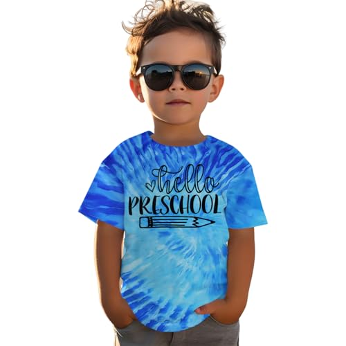 GLIGLITTR Toddler First Day of School Shirt Boy Hello Preschool T-Shirt Pre K Back to School Outfit Tie Dye Short Sleeve Tops (Blue 3-4T)