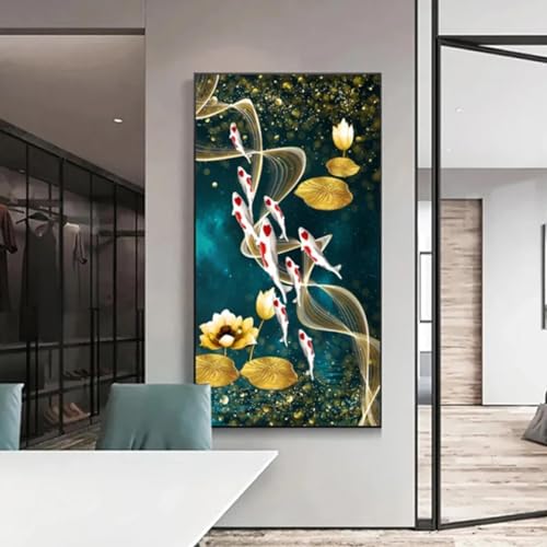 Peinture lotus et poissons Koi pour salon zen grand tableau LUISAS