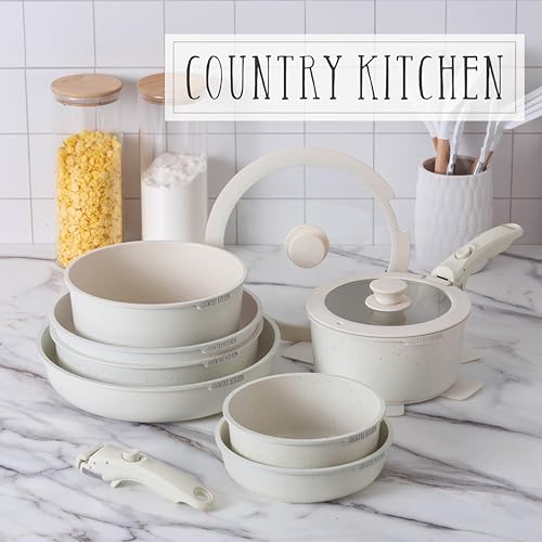 Image of Country Kitchen Cookware Set with Removable Handle, Oven & RV Safe Pots and Pans Set, Cream, Deluxe Larger Set