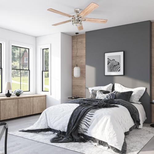 Image of Honeywell Ceiling Fans Bonterra Modern 52 Inch Ceiling Fan with Light, Remote Control, LED Indoor Fan with 5 Blades, Light Brown Pine and Brown Chestnut Blade Finish Options, Brushed Nickel (50610-01)