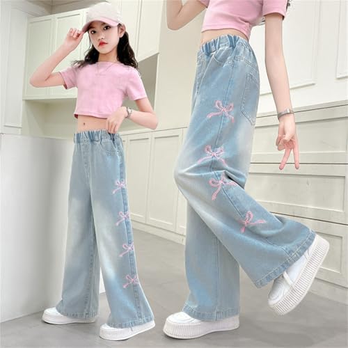 Bow Jeans for Girls Wide Leg Baggy Denim Pants Cute High Waisted Trousers Teen Y2k Clothes with Pockets 3-14Y2