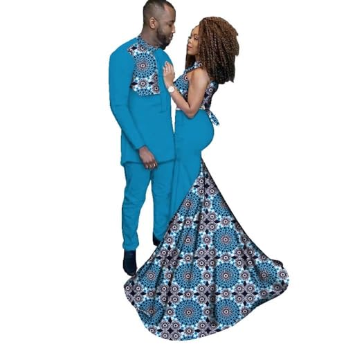 XIAOHUAGUA African Couple Wedding Dresses Mens Long Shirts Suit Women Stand Collar Maxi Dress Skirts