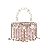 Tasysain Women Rhinestone Cage Bag Sparkling Hollow Pearl Evening Clutch Glitter Double-layer Detachable Basket Handbag, Pink