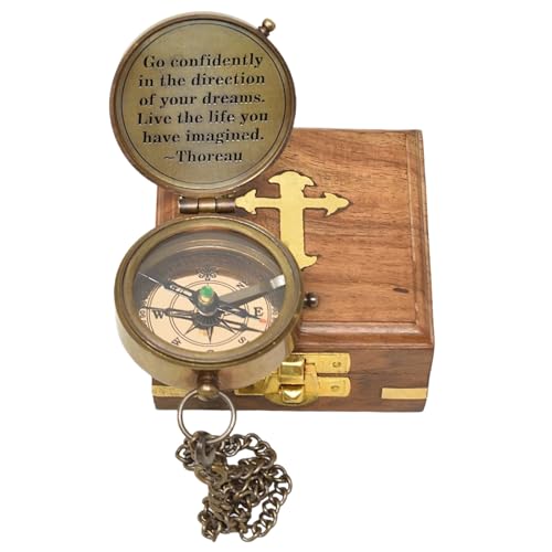 Brújula magnética antigua grabada con caja de madera miniatura 4