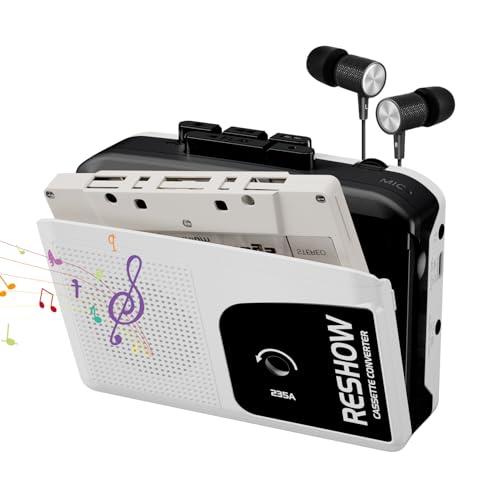 Reshow Kassettenspieler tragbar, eingebautes Mikrofon & Lautsprecher, USB Kassette zu MP3 Konverter, umgekehrte Aufnahme auf Band, Kassettenrecorder mit Kopfhörer（Weiß）
