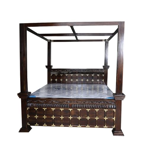Image of Sheesham Wood Queen Size Pillar Poster Bed ‎Without Storage for Bedroom Living Room Solid Roosewood Wooden Cot Furniture Palang for Home (Walnut Finish)