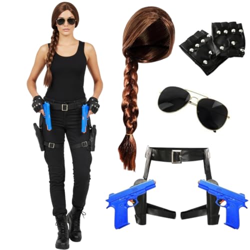 Costume de chasseur de tombes pour femme - Gilet noir, perruque tressée marron, aviateurs, ceinture holster et gants sans doigts, 2 pistolets jouets bleus -...