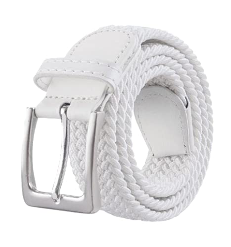 MARSHAL White Braided Elastic Stretch Belt With Metal Buckle and Leather tipped end