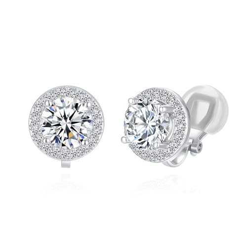 Image of QUKE 8mm Round Cubic Zirconia Clip-On Stud Earrings Non-Pierced for Women