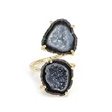 Geode Druzy Agate Quartz Crystal Two Station Gemstone Prong Setting Adjustable Rings, Gold and Silver Plated, Stone Size 15-20mm, Adjustable Shank for US Scale 6 - 8 (1., Black, Adjustable, Brass Plated Gold)