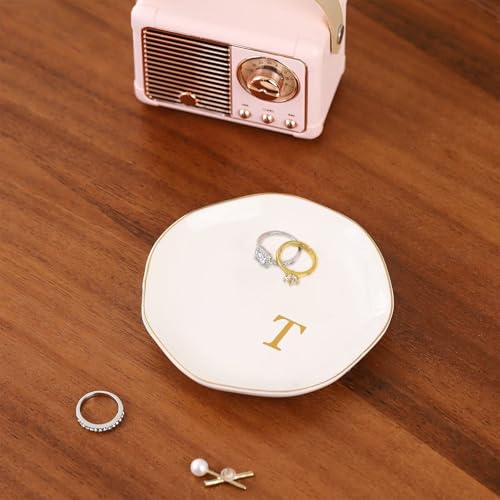 Plateau à bijoux en céramique blanche avec initiale de 11,4 cm
