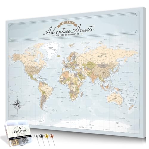 Image of IPIC - Blue Ocean World Map Pin Board Canvas Wall Art, Travel Map with Pins Included, Ready to Hang for Home or Office 40x30 Inch