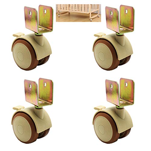 Set di 4 rotelle doppie da 5 cm, con freno, staffa a U, silenziose ruote girevoli in gomma per culle, carico 100 kg (22 mm)