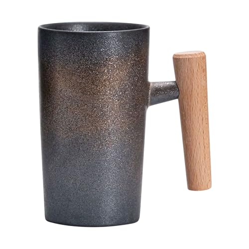 Ceprznvey Taza de cerámica, taza de jugo, taza artística con mango de madera, construcción de cerámica resistente al calor, ceremonia de té y uso de desayuno, 4.72 x 2.36 pulgadas, estilo retro negro