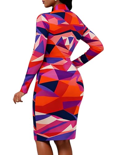 Image of MsavigVice Bodycon Dress Women Mandarin Collar Long Sleeve Knee Length | Vibrant abstract prints with bold varied hues, soft stretch fabric contours curves for sleek versatile everyday styling