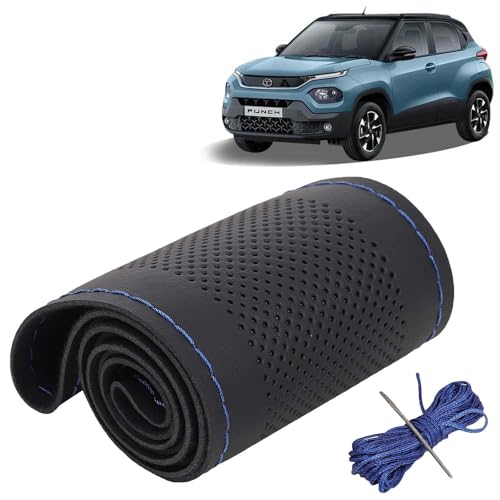 Image of KINGSWAY PU Leatherite Car Steering Cover Sewable Compatible with Tata Punch (Year 2021 Onwards), Black Color with Blue Thread, Pack of 1 with Sewing Needle and Thread