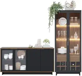 Kit Cristaleira Guanabara e Buffet Vitoria Preto Fosco/Noce Milano Colibri Móveis