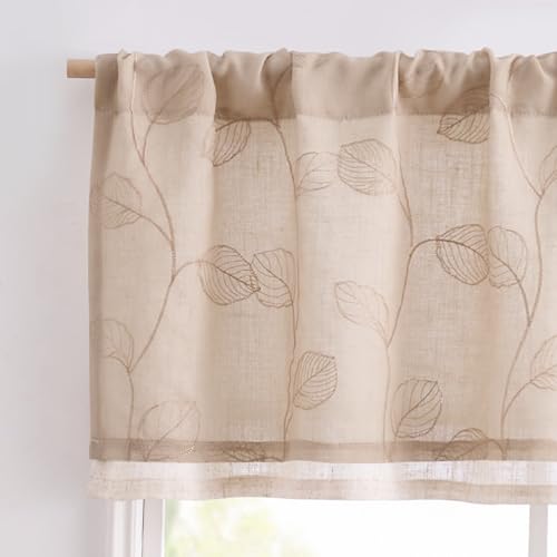 jinchan Linen Valance Curtain for Window Beige Leaf Embroidered Valance