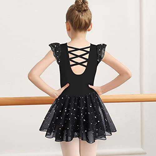 Image of MOLLDAN Girls Dance Leotards for Ballet Dress Shiny Skirt Ruffle Sleeve Crisscross Back