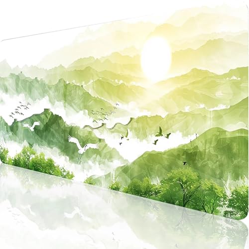 GrüN Mauspad XXL 1000x500x3mm, Groß Gaming Mauspad Landschaft, Vernähte Kanten, Wasserdicht und Rutsch Mousepad PC Laptop verbessert Präzision und Office Schreibtischunterlage/Tischunterlage A-Q-W