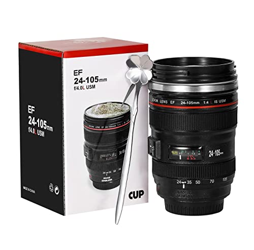 Deexito Camera Lens Coffee Mugs,Stainless Steel Lens Cups With Four-Leaf Clover Spoon,Ideal Gifts For Photographers Sweeties Men Women Birthday Xmas #TOP1