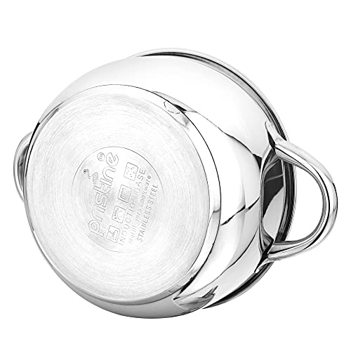 Image of Pristine Stainless Steel Tri Ply Induction Base Cook n Serve Casserole with Glass Lid, 14cm, (1L, Silver)