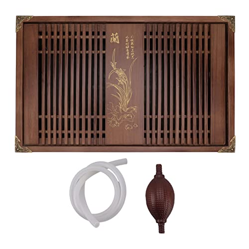 Restokki Kungfu Tea Tray Drainage Water Storage Wood Tea Table for Chinese Gongfu Engraved Orchid Pattern Tea Serving (Light Black Orchid)