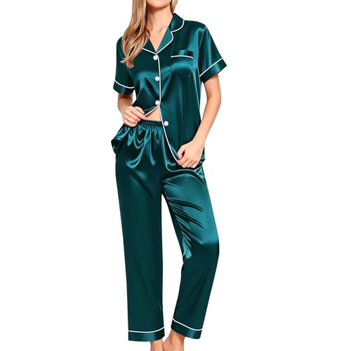 Image of SWOMOG Women Satin Pajamas Set Short Sleeve Top & Pants Sleepwear Silky Button Down Nightwear 2pcs Loungewear Pjs Set