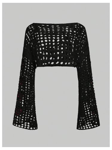 Image of SHENHE Women's Strawberry Top Y2k Knit Shrug Sweater Crochet Crop Hollow Out Long Sleeve See Through Sweater Tops