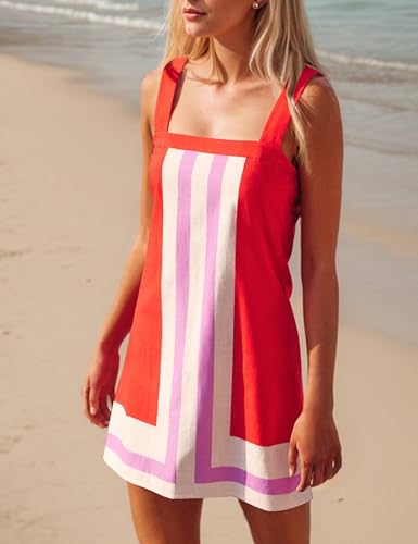 Image of Eutten Womens Striped Mini Dress Sleeveless Color Block A Line Dress Beach Summer Boho Sundress Casual Short Dress Cover Up