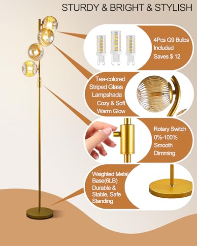 Image of Lightdot 64IN Dimmable Floor Lamp with Glass Globe Shade, Modern Gold Standing Lamps with 4PCS Bulbs Included Soft Warm White, Mid Century Floor Lamp with 5Lbs Heavy Base for Living Room /Sofa Beside