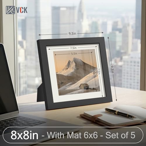 Image of VCK 8x8 Picture Frame 5 Pack, Black Wood, 6x6 Mat, Glass, for Photo Print