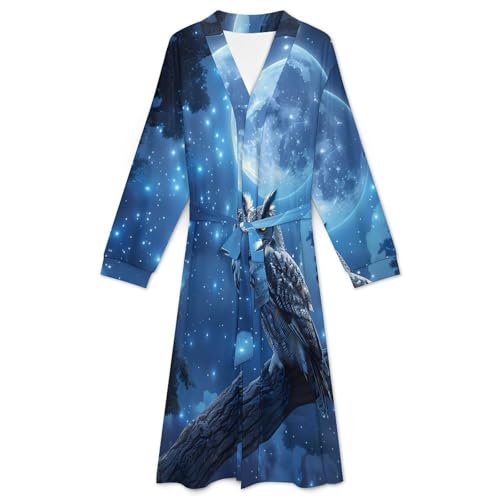 Owl Under Full Moon Soft Robe Long Sleeve Bathrobes V Neck Sleepwear Spa Robes with Belt Men Woman3