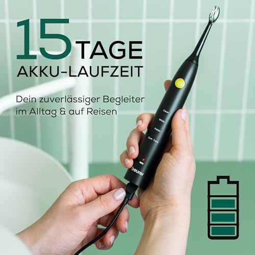 Beurer SC 30 Schallzahnbürste Jet Black, elektrische Zahnbürste mit 4 Putzmodi, 80.000 Schwingungen, mit akustischem Quadranten-Timer & LED-Anzeige, inkl. 2 Aufsteckbürsten, 100% recyceltes Gehäuse – Bild 5