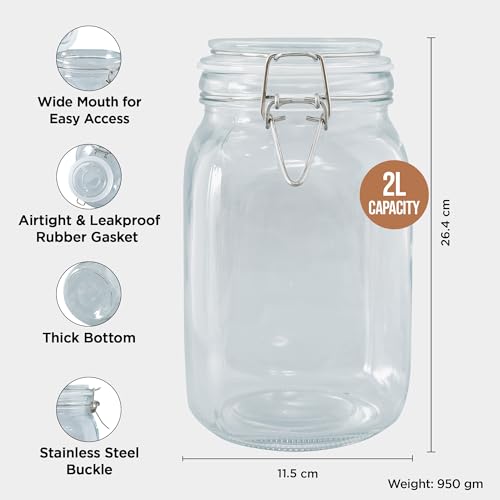 Image of UMAI Glass Jar for Kitchen Storage | 2000ml | Mason Jar for food Storage with Buckle Lid and Wide Mouth | Multipurpose Airtight Glass Container with Leakproof Rubber Gasket | Transparent