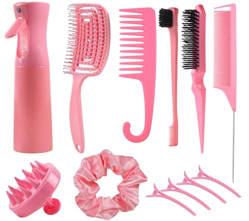 Fawyteng Hair Brush Set, 12 pcs Detangler Brush with Hair Spray Bottle, Scalp Massager for Wet Dry Curly Hair, Bristle Hair Brush Hair Comb for Women Girl (Pink, Purple)