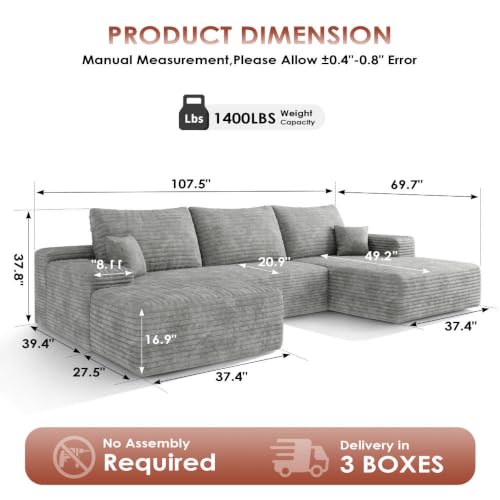 Image of Boneless Couch, Modular Sectional Couches for Living Room, U-Shaped Cloud Couch Sofa with Deep Seat, Fluffy Corduroy Upholstered Corner Sofa