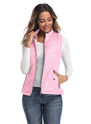LONGKING Pink Women's Vest, Stand Collar Lightweight Zip Quilted Vest for Women XL